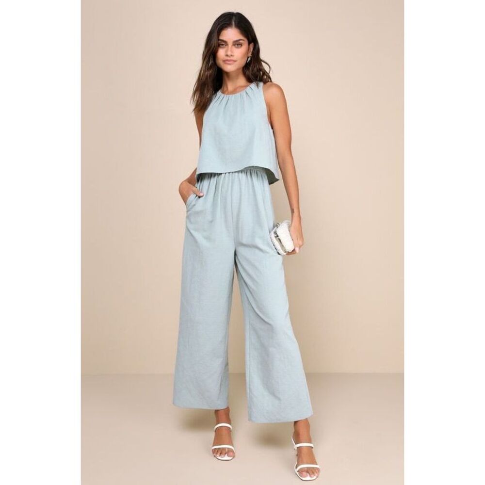 Lulus Breezy Sophistication Sage Green Textured Wide Leg Jumpsuit - Size XL